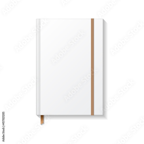 Blank white book or notebook with brown elastic and ribbon bookmark top view mockup template.