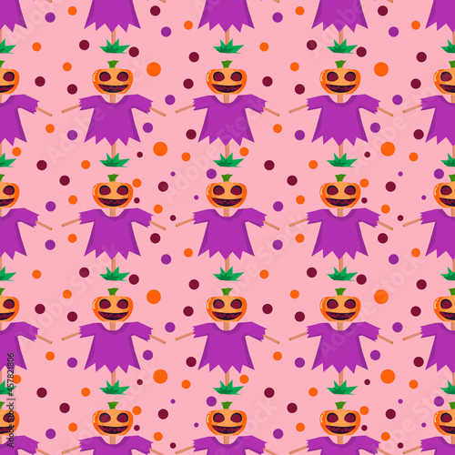 halloween background seamless pattern cartoon pumpkin ghost in scarecrow and circle pattern, gift wrap concept, candy wrapper, carnival haunting, vector illustration