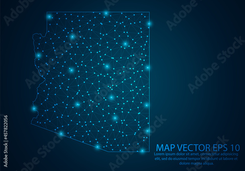 Abstract mash line and point scales on dark background with map of Arizona.3D mesh polygonal network line, design sphere, dot and structure. Vector illustration eps 10.