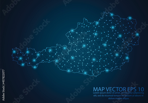 Abstract mash line and point scales on dark background with map of Austria.3D mesh polygonal network line, design sphere, dot and structure. Vector illustration eps 10.