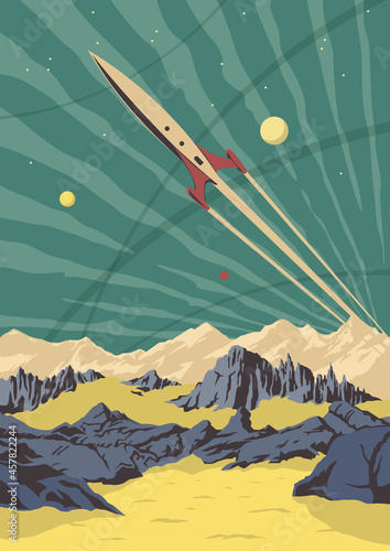 Space Rocket flies over the Surface of the Planet, Retro Future Style Space Illustration 