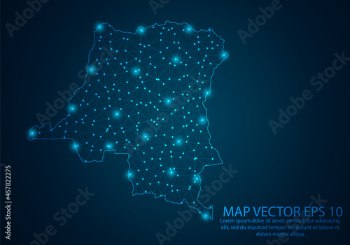 Abstract mash line and point scales on dark background with map of Democratic Republic of the Congo.3D mesh polygonal network line, design sphere, dot and structure. Vector illustration eps 10.
