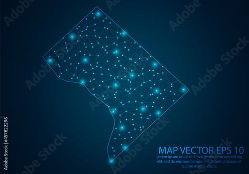 Abstract mash line and point scales on dark background with map of District of Columbia.3D mesh polygonal network line, design sphere, dot and structure. Vector illustration eps 10.