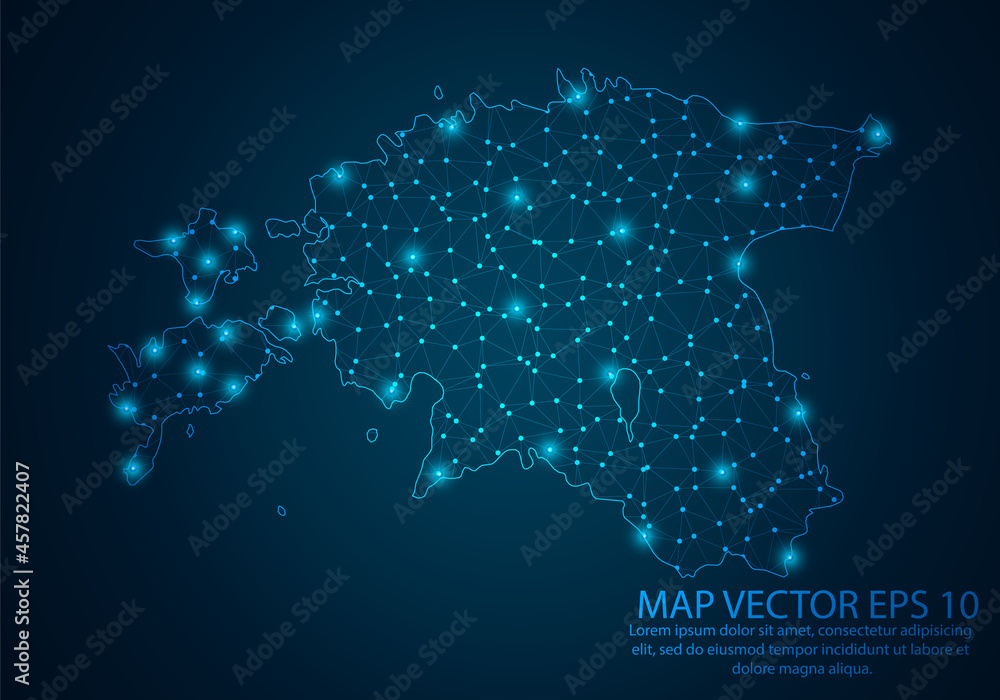 Abstract mash line and point scales on dark background with map of Estonia.3D mesh polygonal network line, design sphere, dot and structure. Vector illustration eps 10.
