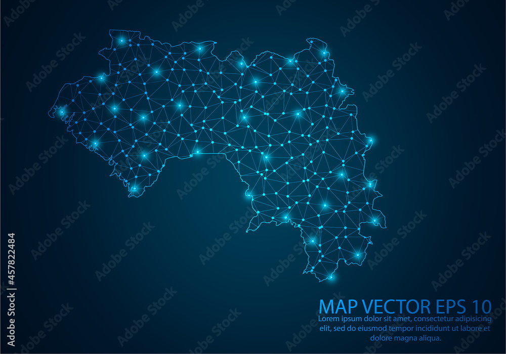 Abstract mash line and point scales on dark background with map of Guinea.3D mesh polygonal network line, design sphere, dot and structure. Vector illustration eps 10.