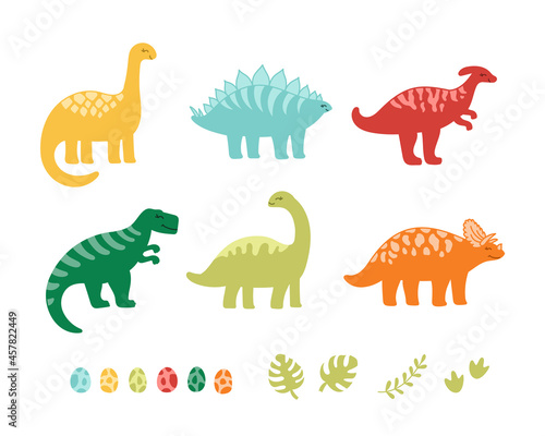 set of colorful cute kids dinosaurs and eggs