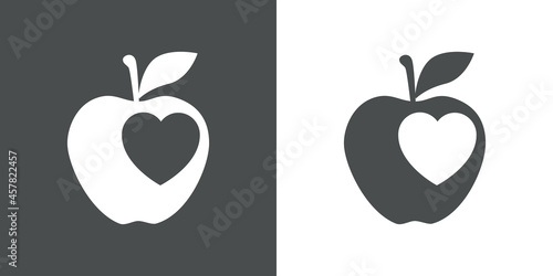 Símbolo de comida sana. Logotipo silueta de corazón dentro de manzana en fondo gris y fondo blanco