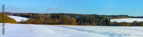 Ukrainian snow-covered villages, panorama of winter and evening villages. © Niko_Dali