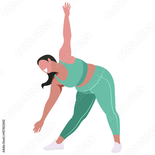 vector illustration a plus size girl in a sports uniform (leggings and a sports bra) trains, does fitness in a good mood isolated on a white background. useful for advertising sports studios, programs