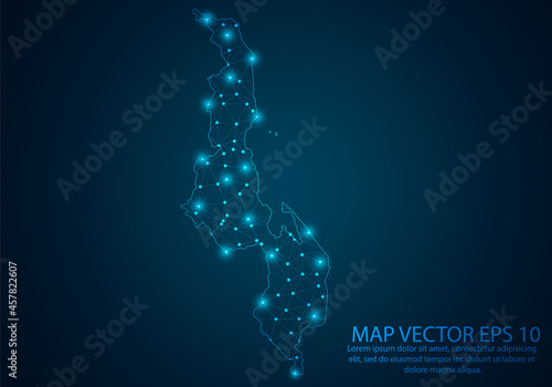 Abstract mash line and point scales on dark background with map of Malawi.3D mesh polygonal network line, design sphere, dot and structure. Vector illustration eps 10.