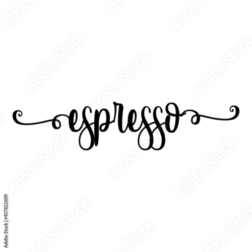 Banner con texto manuscrito espresso escrito a mano con florituras en color negro