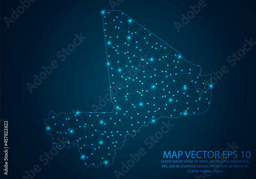 Abstract mash line and point scales on dark background with map of Mali.3D mesh polygonal network line, design sphere, dot and structure. Vector illustration eps 10.