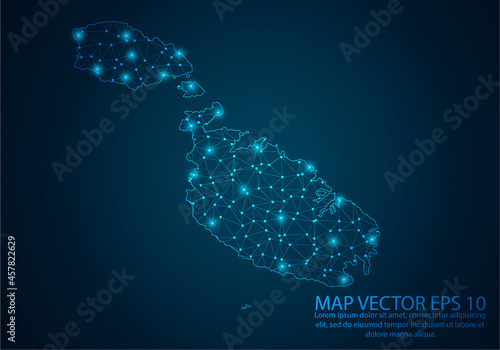 Abstract mash line and point scales on dark background with map of Malta.3D mesh polygonal network line, design sphere, dot and structure. Vector illustration eps 10.
