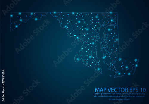 Abstract mash line and point scales on dark background with map of Maryland.3D mesh polygonal network line, design sphere, dot and structure. Vector illustration eps 10.