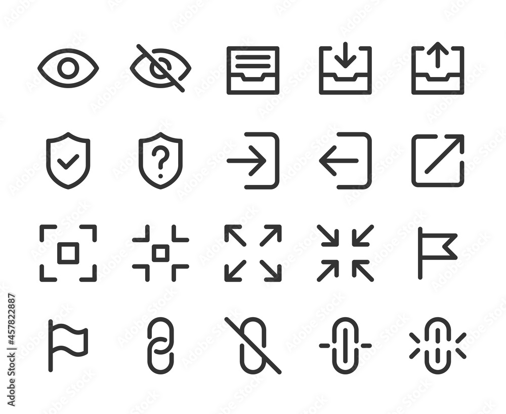 Collection of monochromatic pixel-perfect line icons: User interface. Set #5. Built on base grid of 32 x 32 pixels. The initial base line weight is 2 pixels. Editable strokes Collection of monochromatic pixel-perfect line icons: User interface. Set #5. Built on base grid of 32 x 32 pixels. The initial base line weight is 2 pixels. Editable strokes