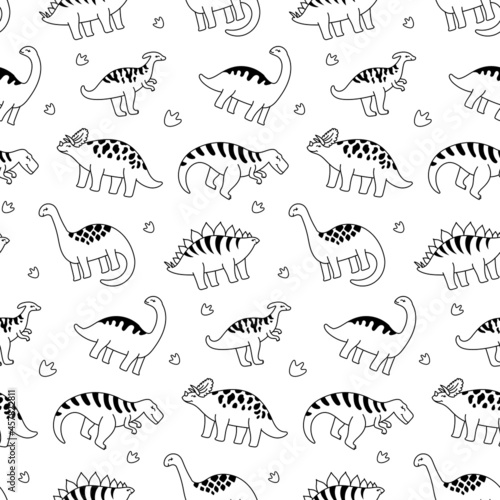 Black and white contour dinosaurs. seamless pattern