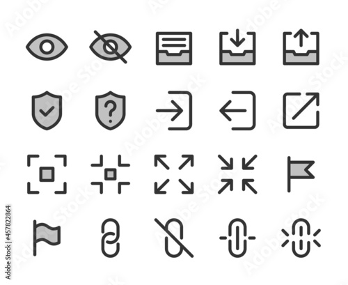 Collection of bicolor pixel-perfect line icons: User interface. Set #5.  Built on  base grid of  32 x 32  pixels. The initial base line weight is 2 pixels. Editable strokes