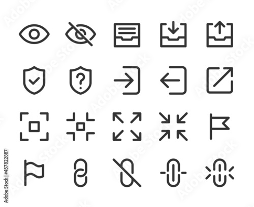Collection of monochromatic pixel-perfect line icons: User interface. Set #5.  Built on  base grid of  32 x 32  pixels. The initial base line weight is 2 pixels. Editable strokes