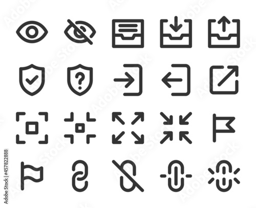 Collection of monochromatic pixel-perfect line icons  User interface. Set  5.  Built on  base grid of  24 x 24 pixels. The initial base line weight is 2 pixels. Editable strokes
