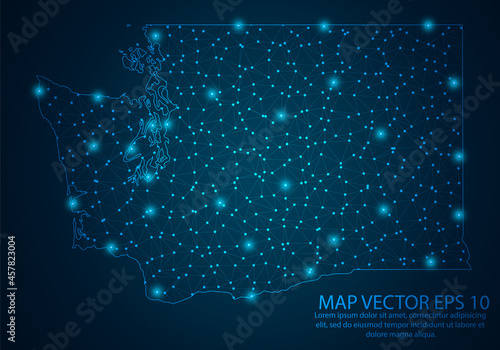 Abstract mash line and point scales on dark background with map of Washington.3D mesh polygonal network line, design sphere, dot and structure. Vector illustration eps 10.