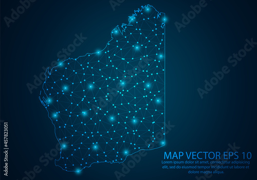 Abstract mash line and point scales on dark background with map of Western Australia.3D mesh polygonal network line, design sphere, dot and structure. Vector illustration eps 10.