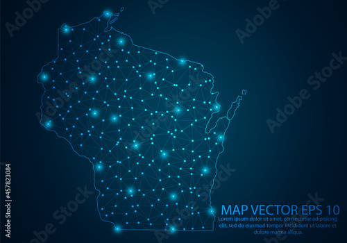 Abstract mash line and point scales on dark background with map of Wisconsin.3D mesh polygonal network line, design sphere, dot and structure. Vector illustration eps 10.