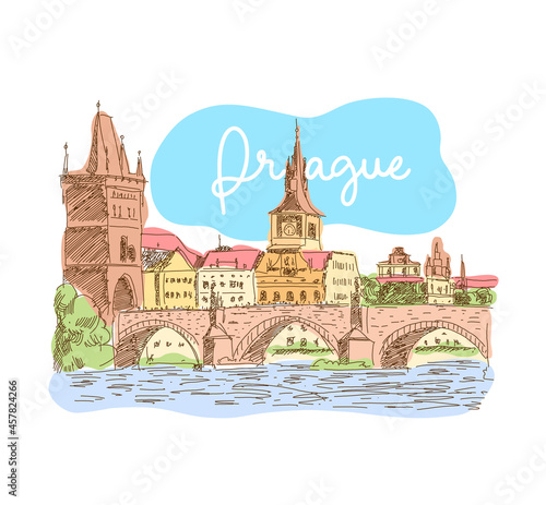 Prague, Czech Republic. Landmark Charles Bridge. Vector illustration