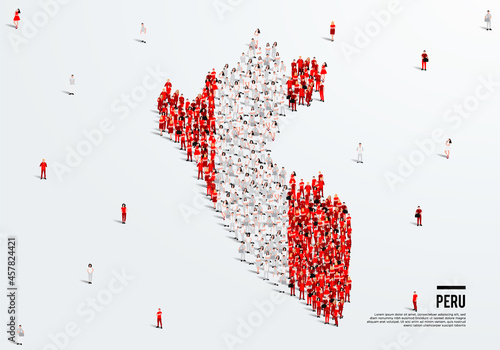 Peru Map and Flag. A large group of people in the Peru flag color form to create the map. Vector Illustration.
