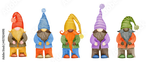 Watercolor set of cute gnomes of different nationalities.  photo