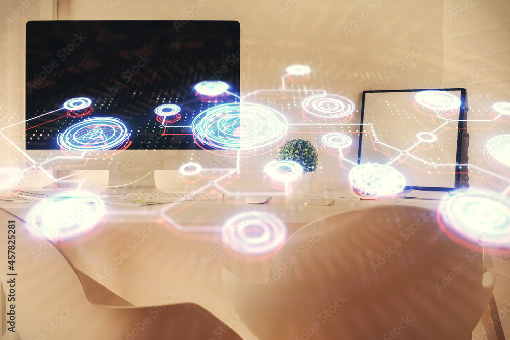 Fototapeta premium Double exposure of social network theme drawing and office interior background. Concept of web.