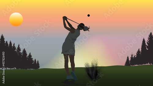 Silhouette female golfer playing golf with splashed dust at sunset.