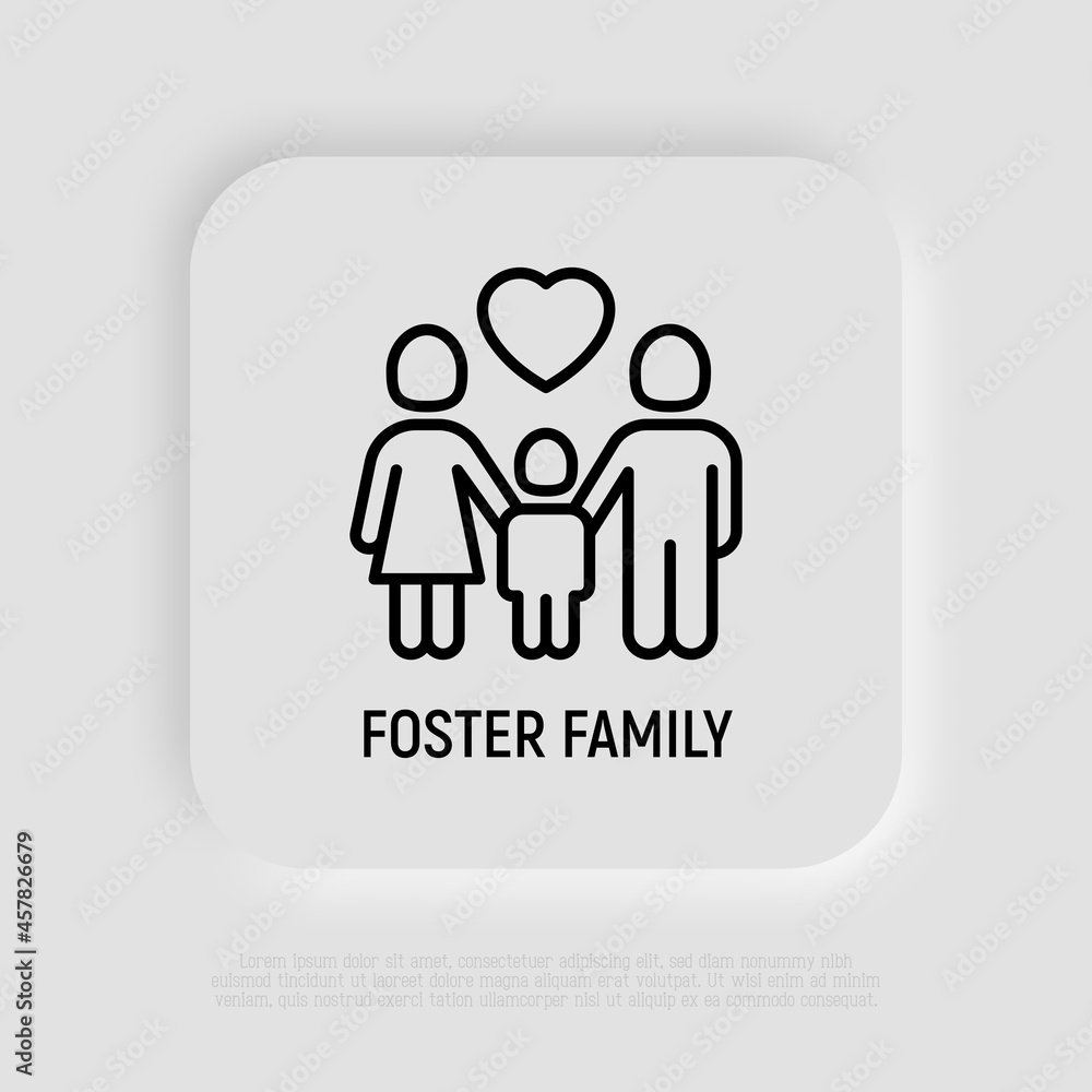 Foster family thin line icon, silhouettes of mother, father and child with heart above. Modern vector illustration, logo for adoption company. Foster family thin line icon, silhouettes of mother, father and child with heart above. Modern vector illustration, logo for adoption company.