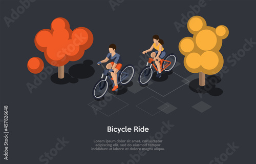 Conceptual Illustration. Vector Isometric Composition, Cartoon 3d Style. Bicycle Ride Ideas. Two People Riding Together. Forest Or Park Background, Text. Active Sport Kind. Male And Female Characters