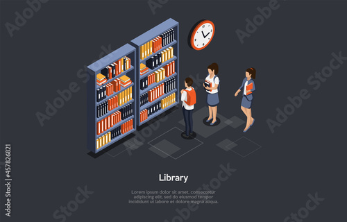 Vector Illustration. 3D Composition, Cartoon Style Isometric Design. Library Ideas. Group Of Students Standing. Male And Female Characters. Three Schoolchildren At Athenaeum. Dark Background, Writings