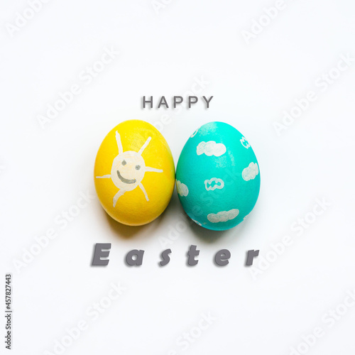 Obraz na płótnie A set of colored Easter eggs with Happy Easter inscription. w salonie
