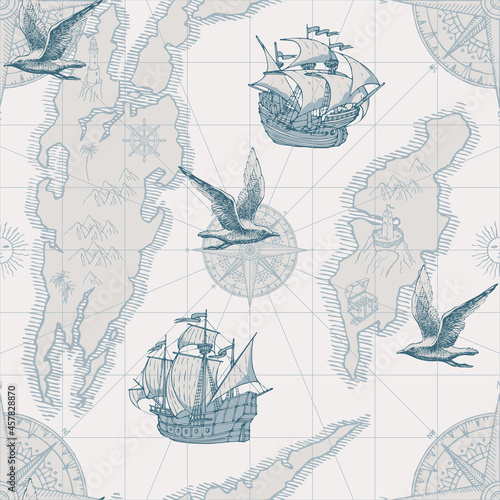 Hand-drawn seamless pattern in form of old map with islands, pirate frigates, vintage sailing yachts, compasses and seagulls. Vector background in retro style, wallpaper, wrapping paper, fabric