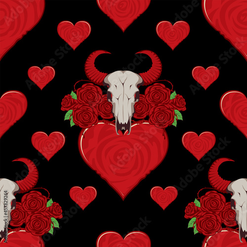 Vector seamless pattern with red hearts, roses and skulls of bulls on a black backdrop. Romantic graphic print for clothes in youth or teenage style, wallpaper, wrapping paper or fabric design