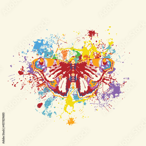 Abstract vector illustration of a peacock eye butterfly with open wings on a light background with colorful paint spots. Creative banner with beautiful insect in modern style. T-shirt print  graffiti