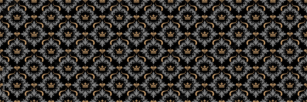 Background pattern with decorative ornament in vintage style on a black background. Seamless pattern, texture. Vector image