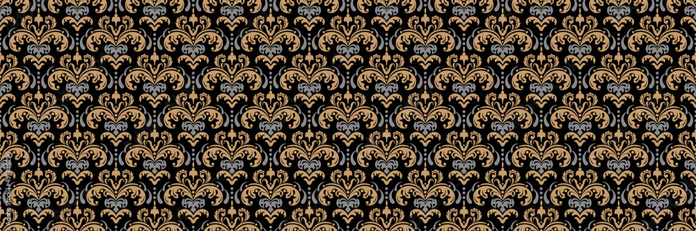 Decorative background pattern with floral elements on a black background. Seamless pattern, texture Decorative background pattern with floral elements on a black background. Seamless pattern, texture