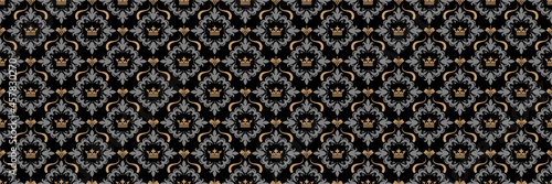 Background pattern with decorative ornament in vintage style on a black background. Seamless pattern, texture. Vector image