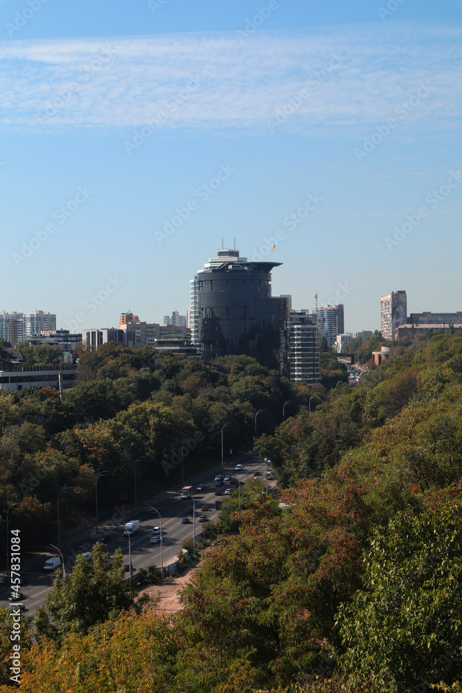 View on Kyiv city. Black glass skyscraper, business center