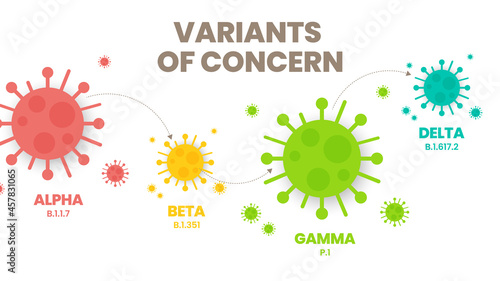 Illustrator vector of the COVID-19 virus's new Variants of Concern (VOC). A “variant” is mutated version of the original virus. Colorful infographic of the variations : Alpha, Beta, Gamma and Delta.