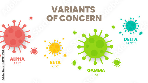 Illustrator vector of the COVID-19 virus's new Variants of Concern (VOC). A “variant” is mutated version of the original virus. Colorful infographic of the variations : Alpha, Beta, Gamma and Delta.