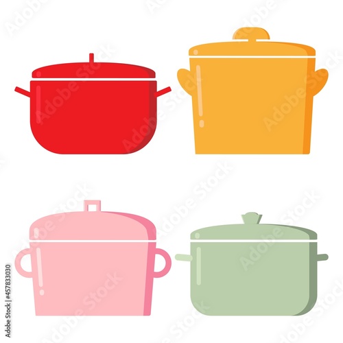 Pans. Kitchenware items, collection of cartoon kitchen tools for cooking, vector illustration of elements for cooking and frying isolated on white background.