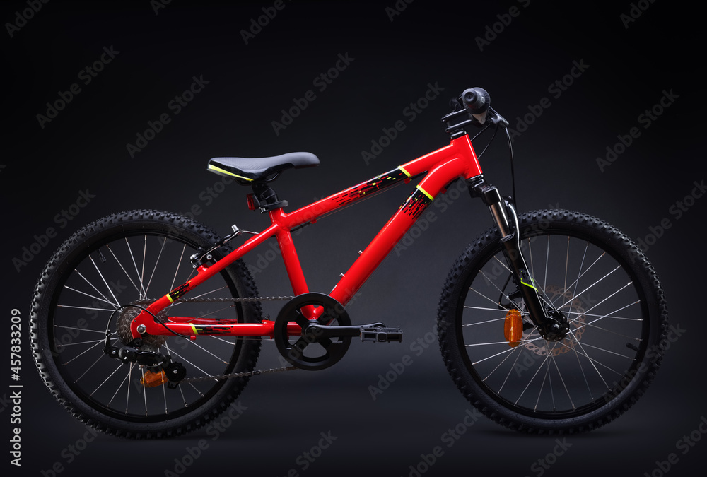 Fototapeta premium Sport mountain red bicycle isolated on black background.
