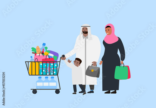 arab family with shopping cart and bags with grocery products and food vector illustration
