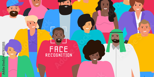 facial  recognition scanning system technology face id crowd of diverse people vector illustration