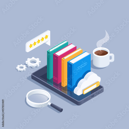isometric vector illustration on a gray background, online library, on the smartphone screen there are books and a cloud with a search bar, a magnifying glass and a cup of coffee