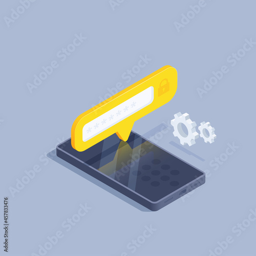 isometric vector illustration on gray background, smartphone and text bubble with window for entering security code, unlocking smartphone with password